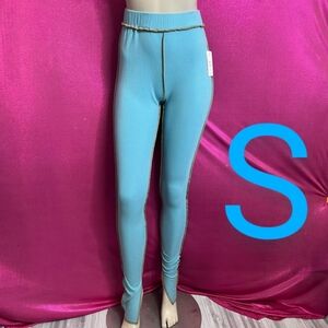 🆕Aqua Blue Ribbed High Rise Tan Contrast Trim Leggings   Size S